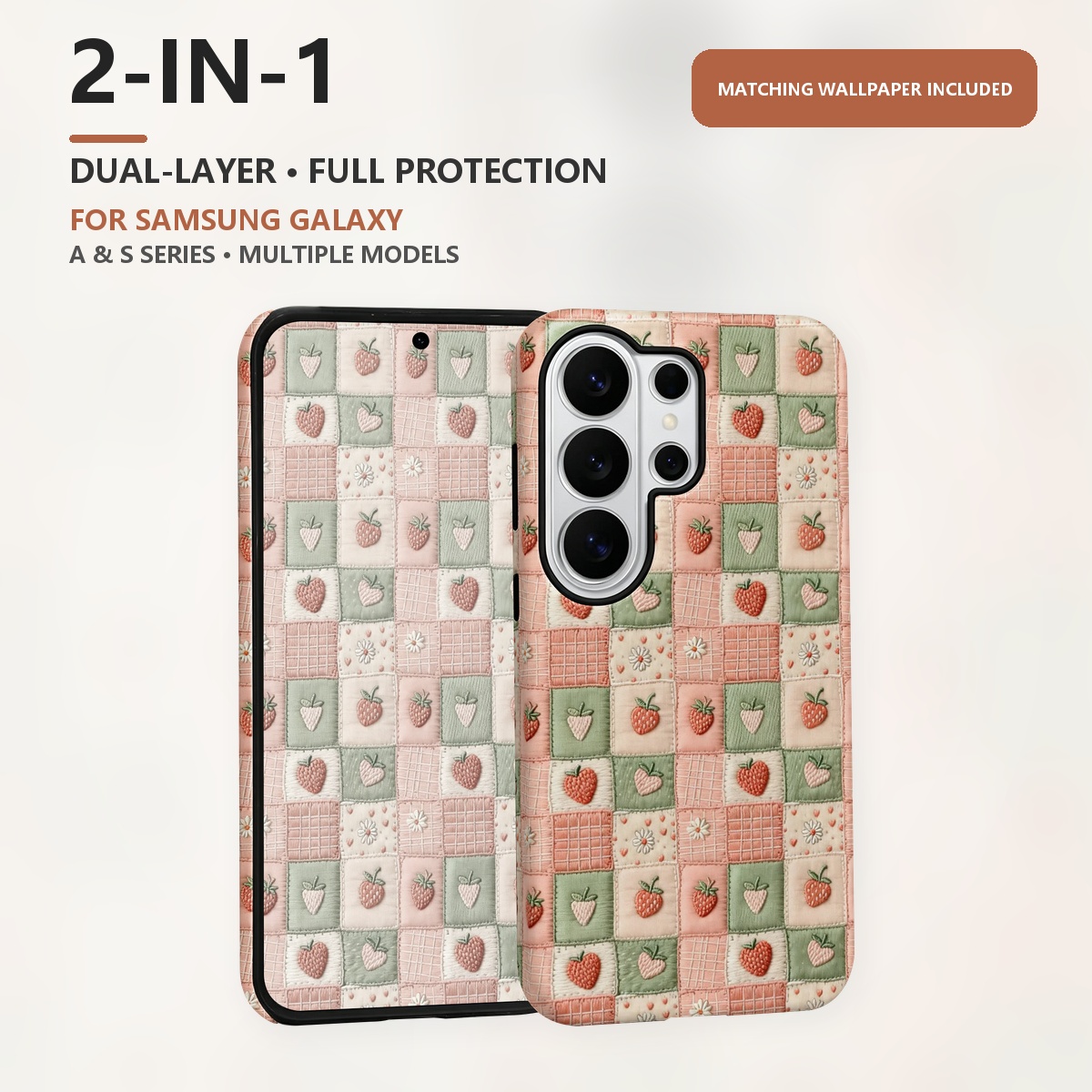 Samsung Galaxy S24 - เคสโทรศัพท์แบบสองชั้น 2-in-1 ลายปะติดสตรอว์เบอร์รีปัก สำหรับ Samsung Galaxy